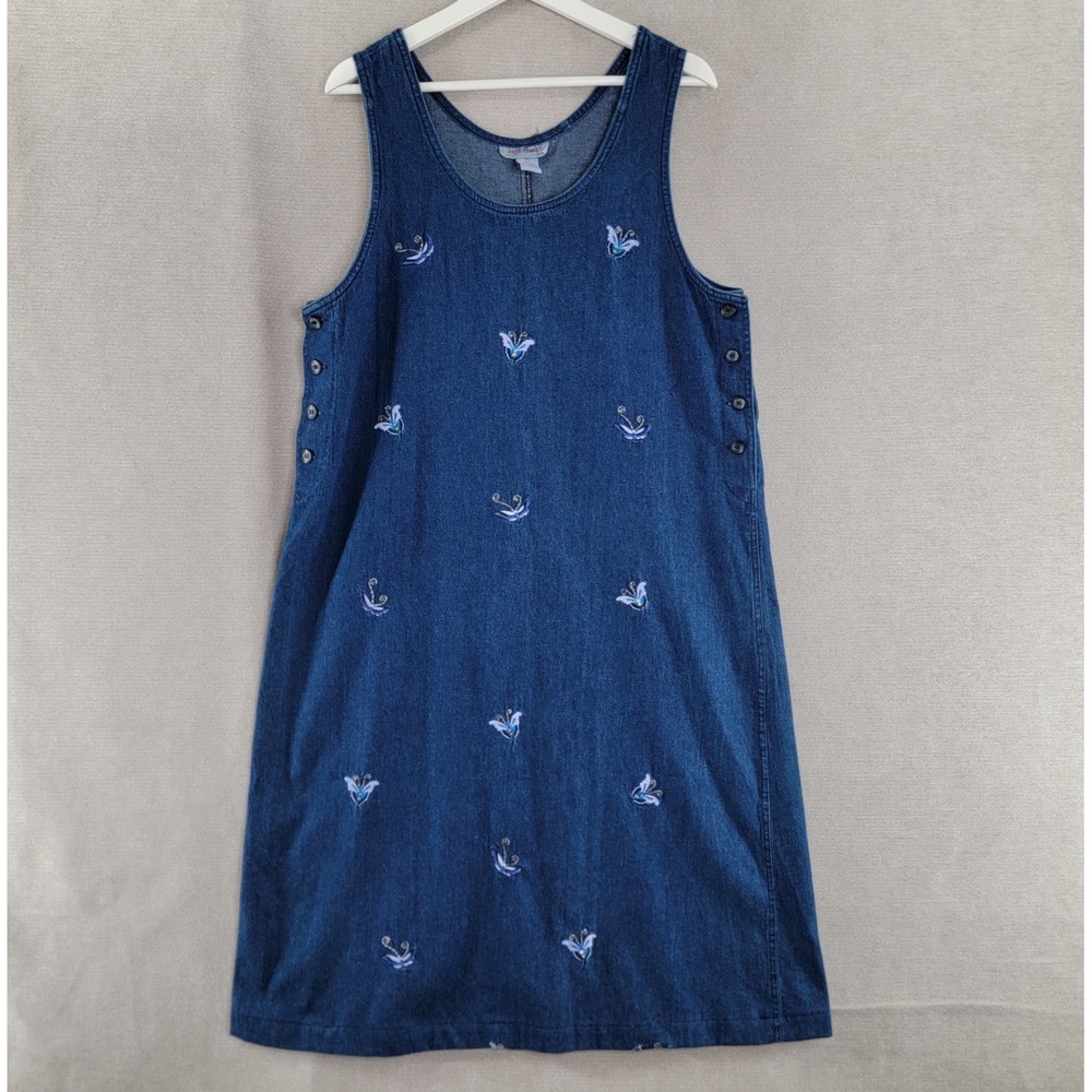 Jane Ashley Dress Vtg Embroidered Butterfly Denim Midi Jumper Size Large Blue